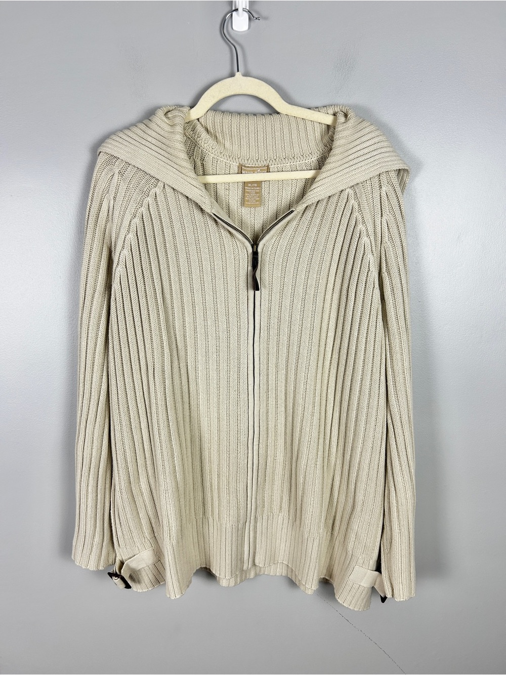 COTTON GINNY Ribbed Cotton Knit Zip Sweater XL Beige Chunky Coastal Relaxed 90s